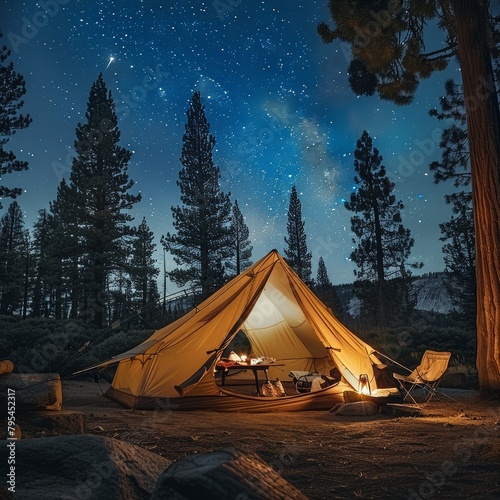 Night camping in nature, camp in the forest.