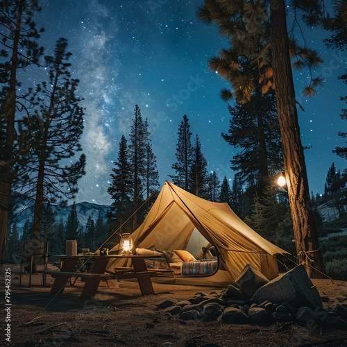 Night camping in nature, camp in the forest.