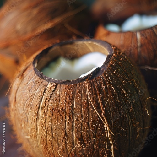 b'Close-up of coconut drink in coconut shell' photo