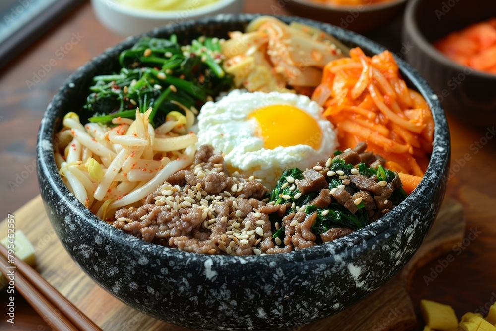 Korean Food Bibimbap with Rice, Vegetables and Egg