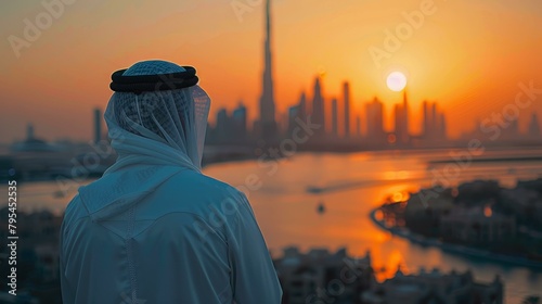 b'A man in a ghutra and agal looking at the Dubai skyline'