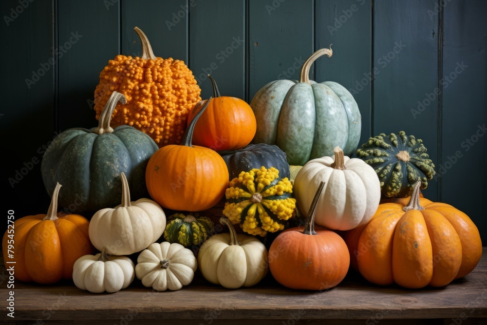 b'A variety of pumpkins and gourds on a wooden table' b'A variety of pumpkins and gourds on a wooden table'