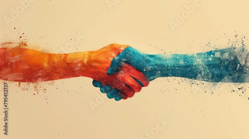 An abstract painting of two hands, one red and one blue, shaking on a beige background.