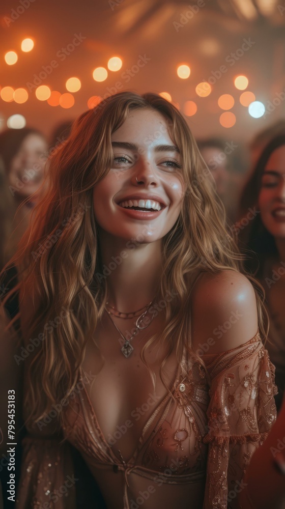 b'Portrait of a smiling young woman with long wavy hair at a party' b'Portrait of a smiling young woman with long wavy hair at a party'