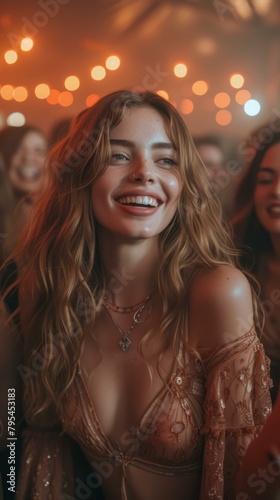 b'Portrait of a smiling young woman with long wavy hair at a party'