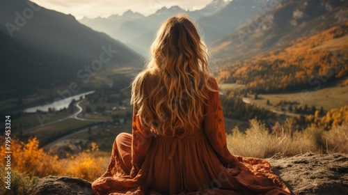 b'girl sitting on a rock and looking at the mountains'