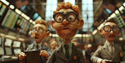 An image of a claymation character with glasses and a beard in a suit and tie in front of a bustling stock exchange. photo
