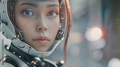 Portrait of a young female android and a detailed mechanical design human-like.