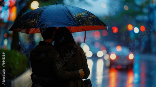 Couples cuddle under a shared umbrella, finding warmth and comfort amidst the rain. © Sasint