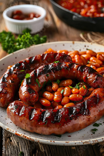 Delicious Plate of Grilled Sausages and Baked Beans on a Wooden Table