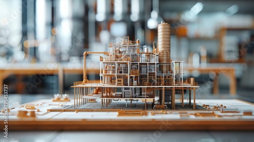 An intricate miniature model of an industrial building constructed of copper pipes and featuring a variety of machinery and equipment.