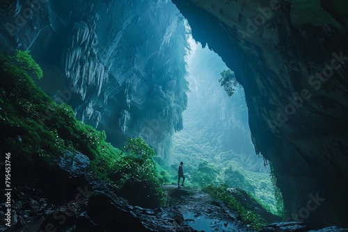 A solo traveler exploring the cave