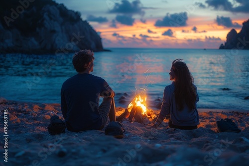 An affectionate couple enjoys a serene moment by a beach bonfire under the romantic glow of the sunset
