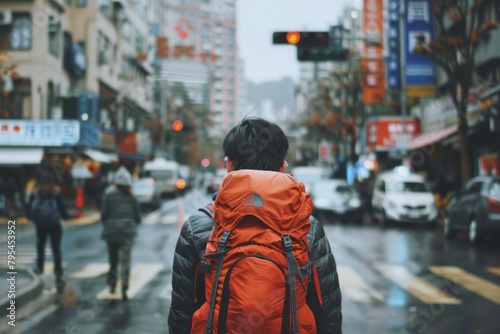 Backpacker arriving at the city, carrying backpack ,photo from behind © GHArtwork