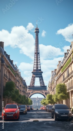 b'Parisian Street with Eiffel Tower in the Distance'