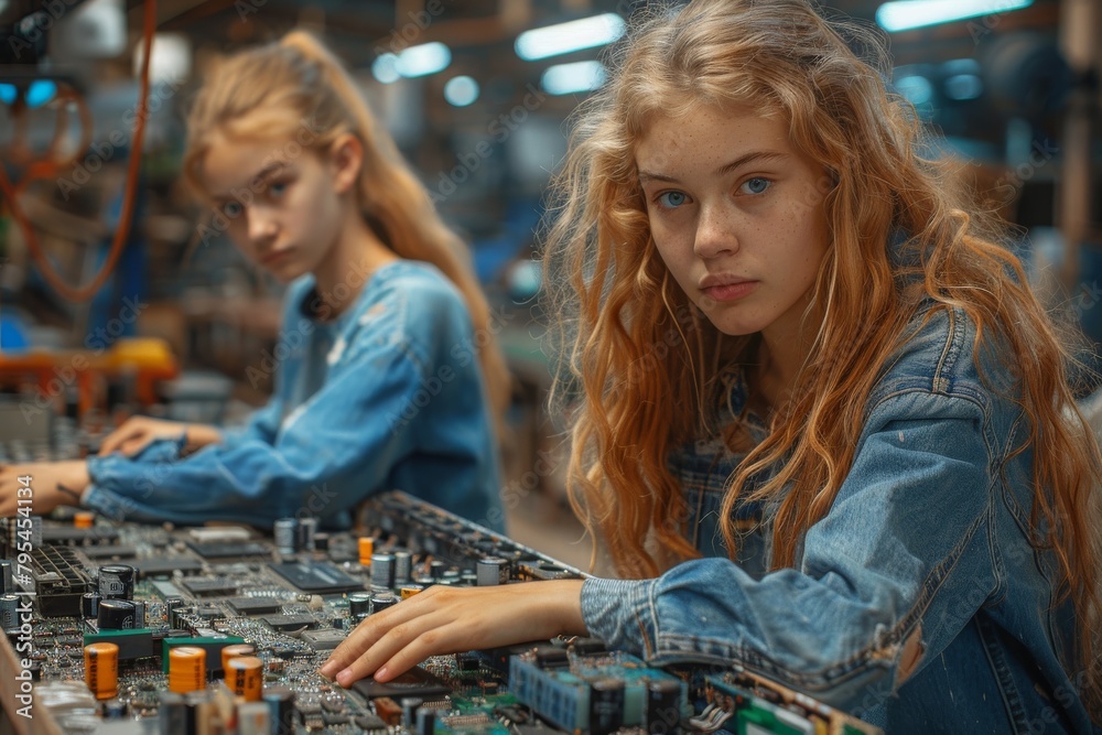 Fototapeta premium Young ladies engaging in technical studies surrounded by electronic circuit boards and components