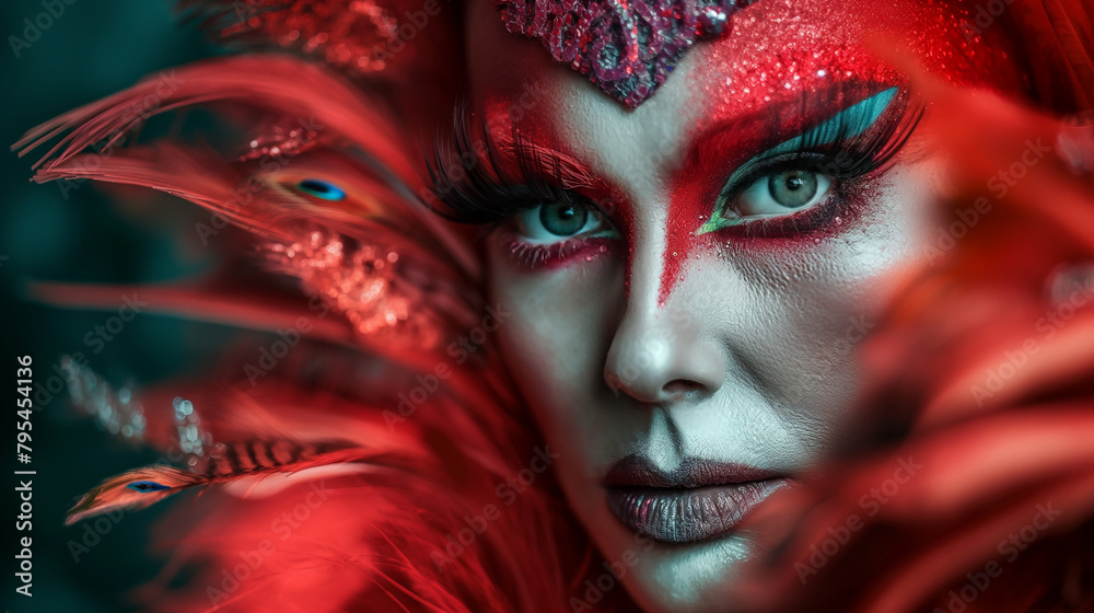 Enigmatic beauty in vibrant red makeup with glittering details.  Generative AI