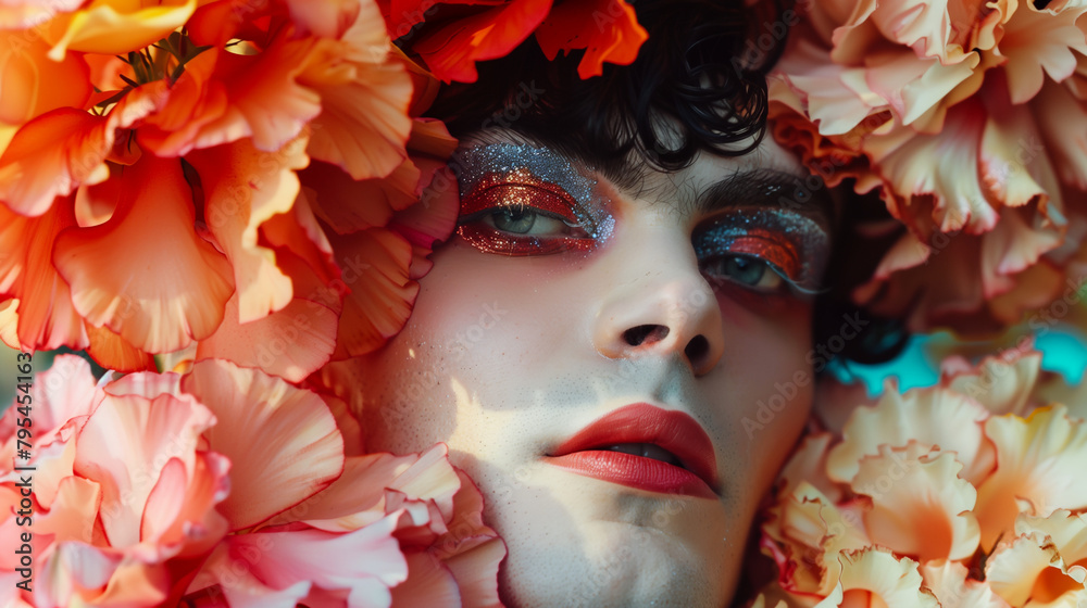 Ethereal beauty of a drag queen with dazzling glitter eye makeup enveloped in a lush cascade of peachy floral blooms. Generative AI Ethereal beauty of a drag queen with dazzling glitter eye makeup enveloped in a lush cascade of peachy floral blooms. Generative AI