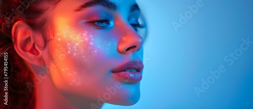 Woman using blue light therapy device for skincare. Concept Skincare Routine, Blue Light Therapy, Beauty Gadgets, Skin Health, Wellness Devices