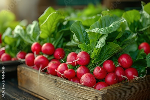 A pile of fresh, vibrant red radishes with green leaves and roots