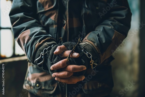 A man prisoner with chained Hands, Man in handcuffs, Close-up, man in handcuffs. Arrested man handcuffed hands, Ai generated photo