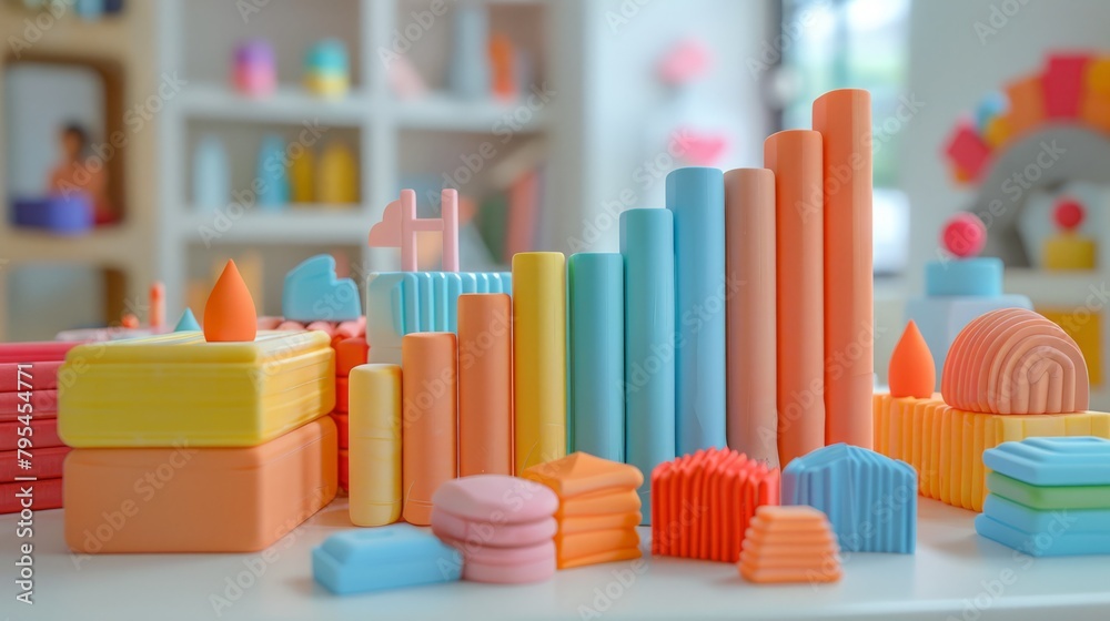 Colorful 3D geometric shapes on a table Colorful 3D geometric shapes on a table