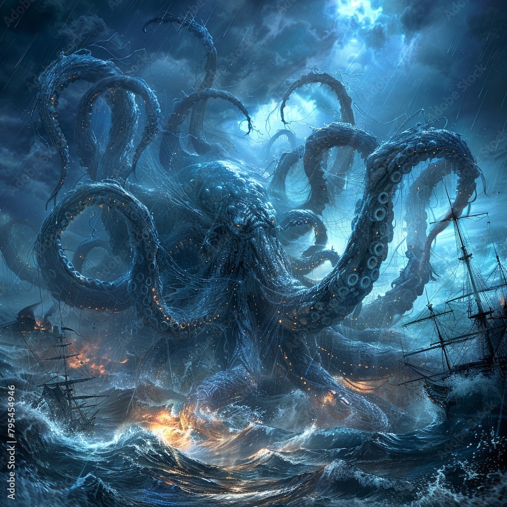 A giant octopus is attacking a fleet of ships in the middle of a storm.