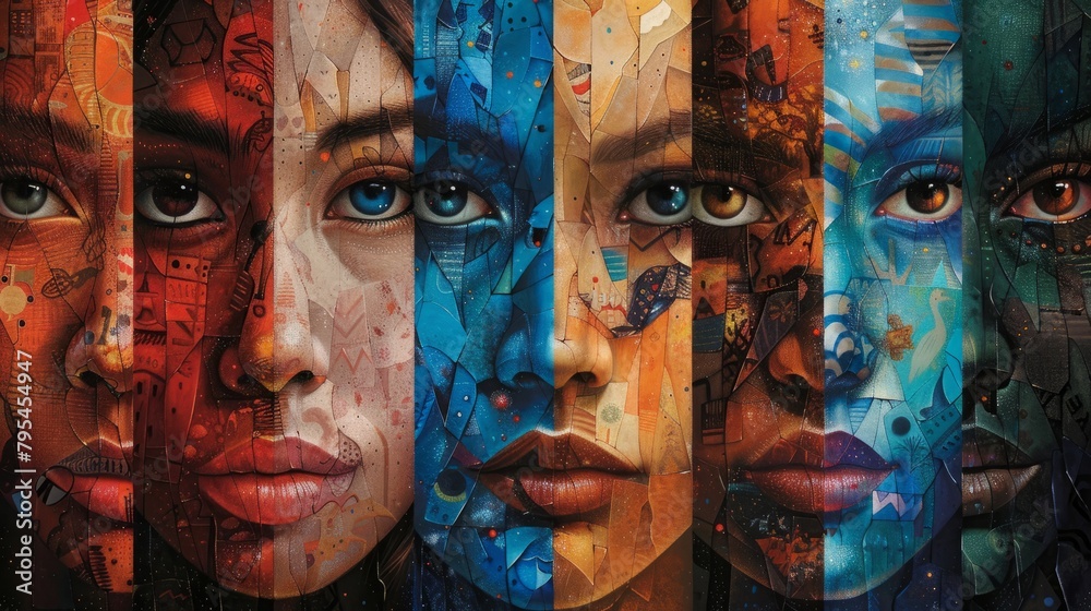 Colorful portrait of six different women, each representing a different culture.
