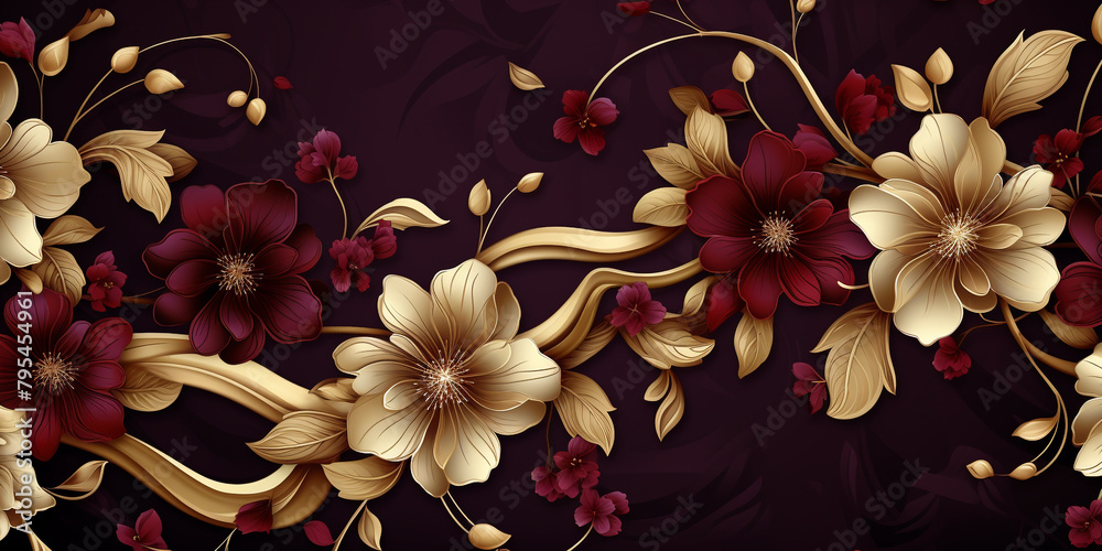 Rich burgundy and gold flowers intertwining to create an elegant seamless backdrop.