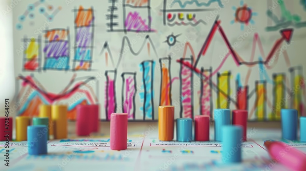 Colorful wooden blocks in front of a white board with colorful graphs and charts drawn on it. Colorful wooden blocks in front of a white board with colorful graphs and charts drawn on it.