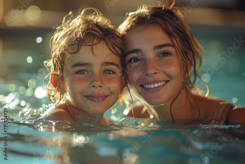 Siblings share a joyful moment swimming in a refreshing pool, highlighting family and happiness