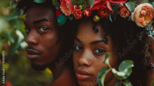 young black couple looking like Adam and Eve in the Garden of Eden, summer vibes photo