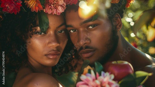 young black couple looking like Adam and Eve in the Garden of Eden, summer vibes