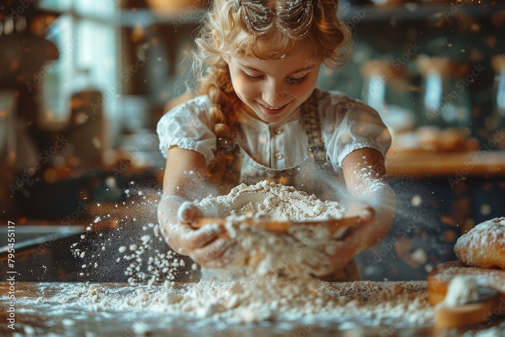 A child with focus and joy kneads dough in a rustic kitchen, with flour dust capturing the magic of baking