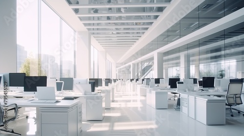 Empty white open space office interior with table and computer. Modern office building interior design.