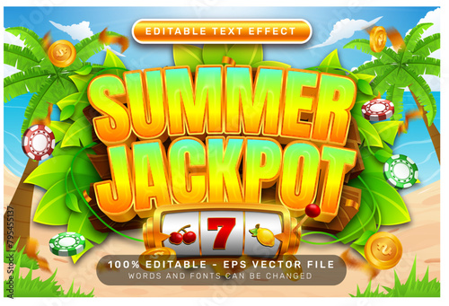 summer jackpot 3d text effect and editable text effect with illustration of summer on the beach