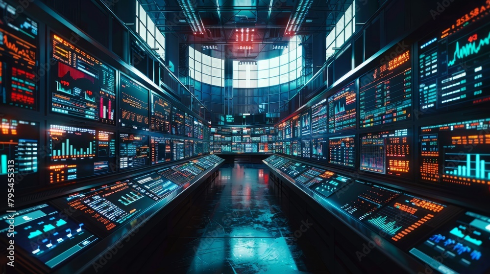 Futuristic control room with glowing screens and digital interfaces