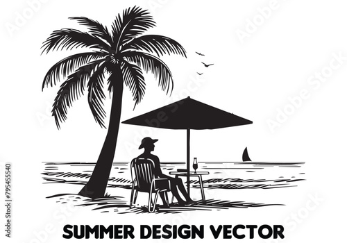 summer design palm tree sitting on chair front table and umbrella man beach for print on demand black bold simple outline vector