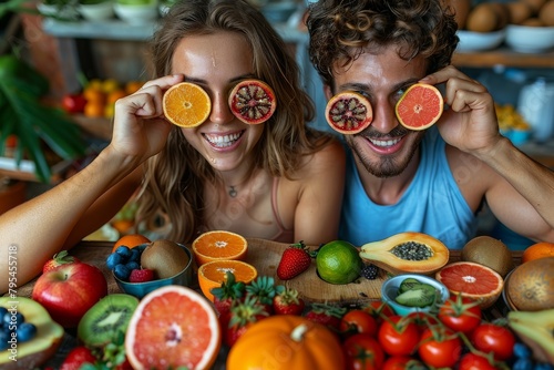 An endearing couple smiles while playfully holding citrus fruits in front of their blurred faces