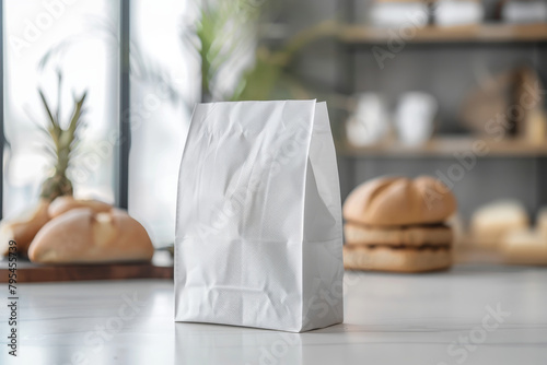 White paper bag on a counter in modern bakery background