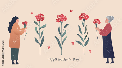 A vintage style vector illustration for Mother's Day depicting mom and grandma holding bouquets of carnations.