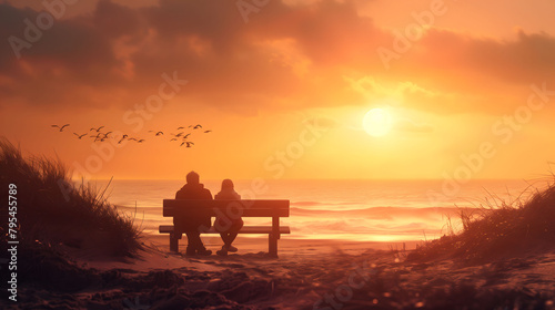 Sunset Serenity: Two Lovers Sitting On The Bench At The Beach Enjoying Sunset Time