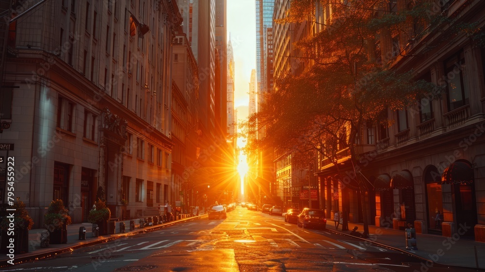 The warm glow of the setting sun illuminates an empty urban street with a golden orange hue The warm glow of the setting sun illuminates an empty urban street with a golden orange hue