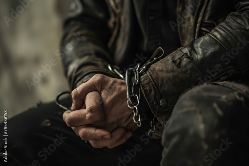 A man prisoner with chained Hands, Man in handcuffs, Close-up, man in handcuffs. Arrested man handcuffed hands, Ai generated