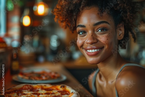 An exuberant woman graces the frame with her glowing smile as she dines on pizza in a delicately illuminated restaurant