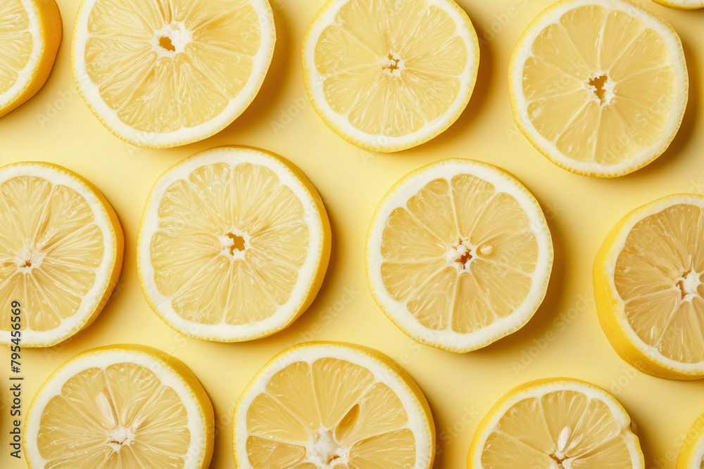 Sliced lemons on yellow background with copy space, top view, flat lay photo concept