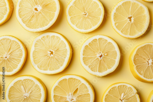 Sliced lemons on yellow background with copy space, top view, flat lay photo concept