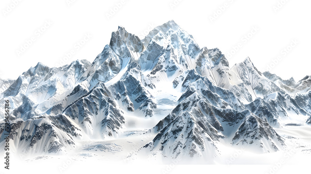 Snowy mountains with  rocks and peaks, isolated on white background
