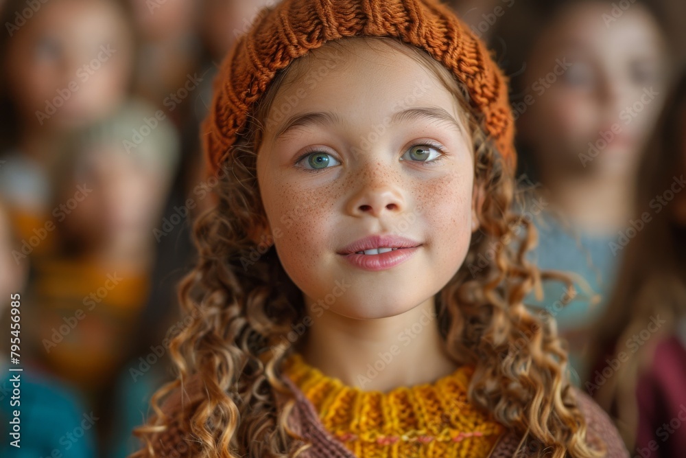 Dreamy girl with curly hair and an orange headband looking hopeful