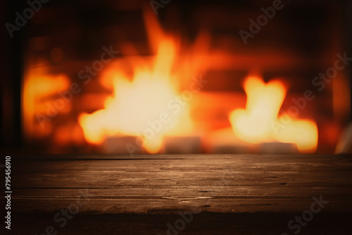 empty dark brown wooden tabletop for product display on blurred wood burning fireplace background